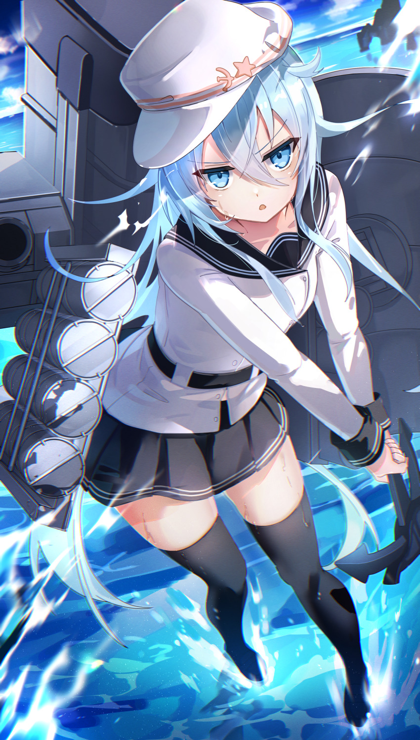 1girl, absurdres, anchor, black_thighhighs, blue_eyes, blue_sky, depth_charge, flat_cap