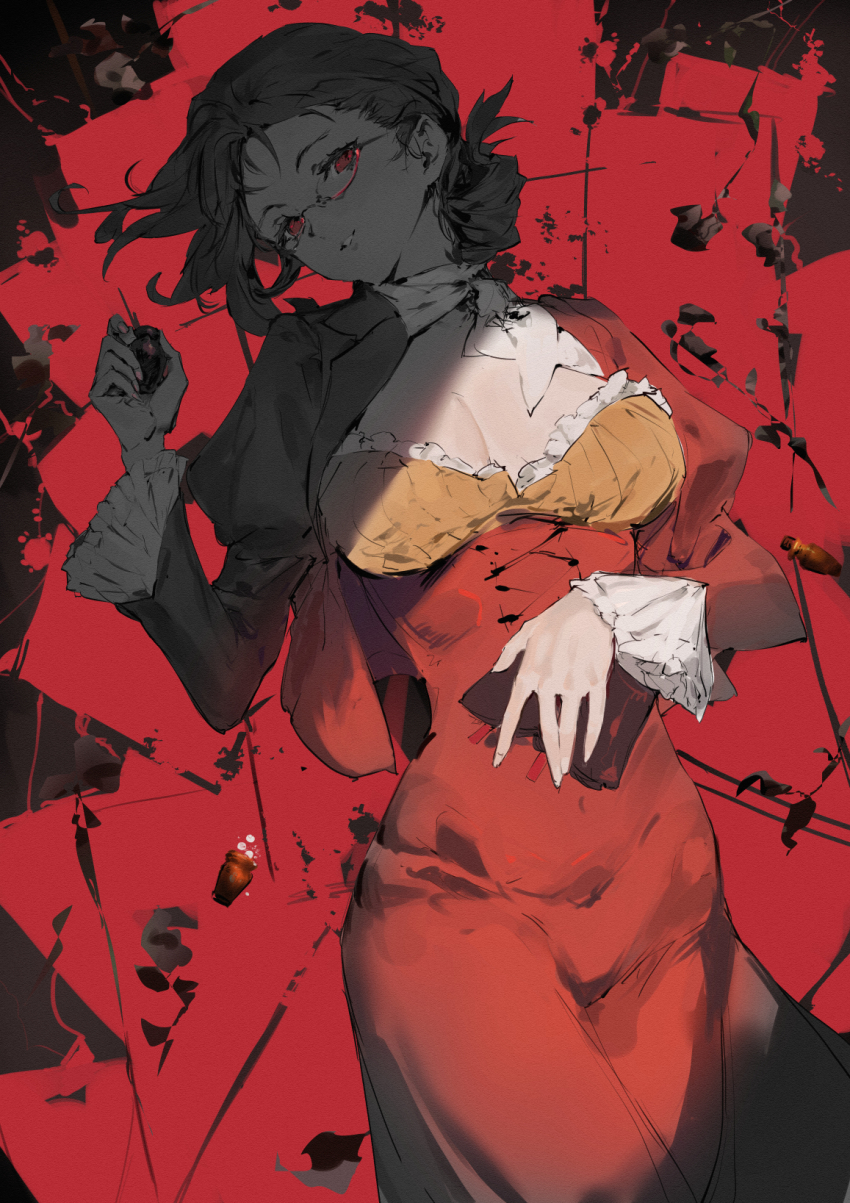 1girl, breasts, cleavage, dress, elea_the_red_tag, glasses, highres, holding, ishura, kureta_(nikogori), looking_at_viewer, lying, official_art, on_back, red_dress, red_eyes, shadow, solo
