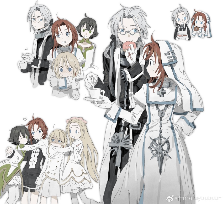 2boys, 3girls, abel_nightroad, absurdres, ahoge, arms_around_neck, belt, belt_buckle