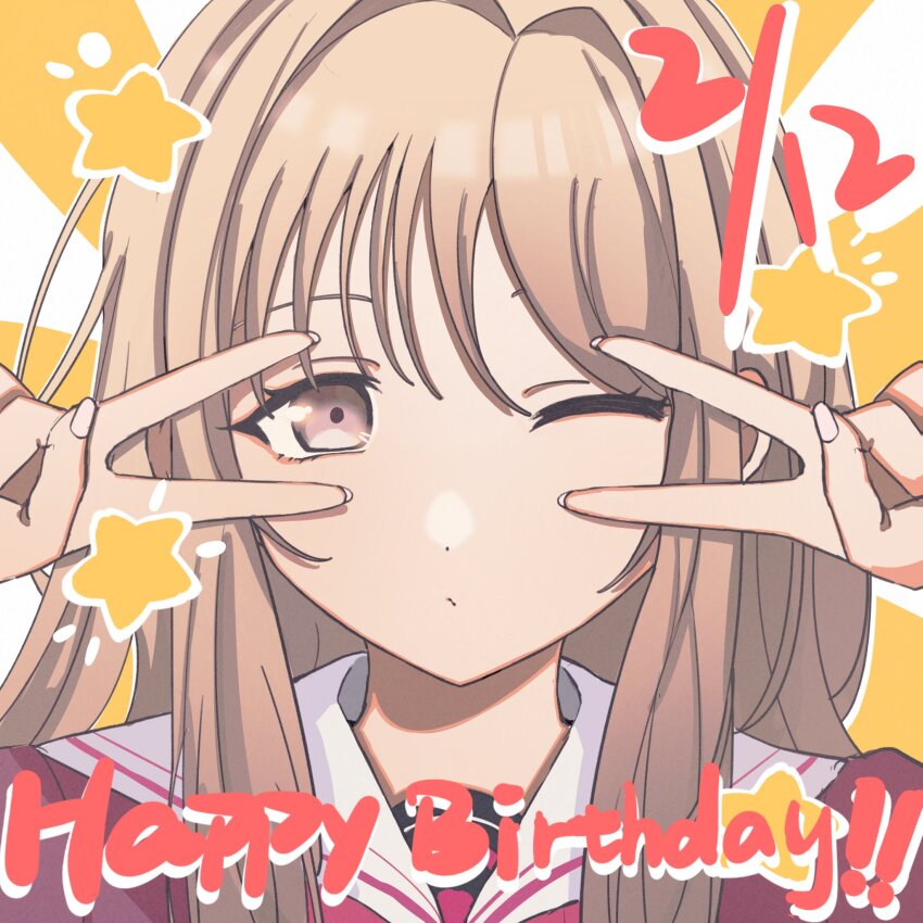 1girl, :o, birthday, brown_eyes, d4dj, double_v, expressionless, fingernails