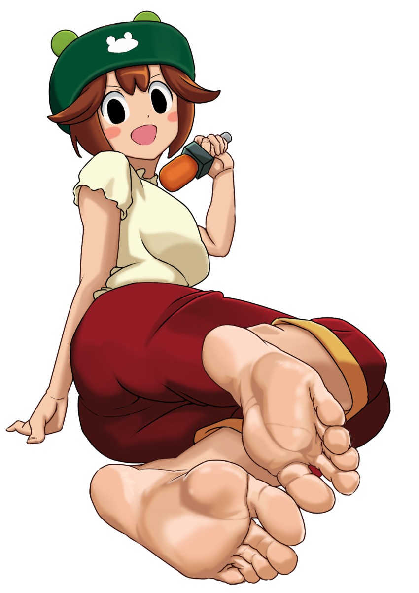 1girl, barefoot, brown_hair, brown_pants, feet, foot_focus, frilled_shirt, frills