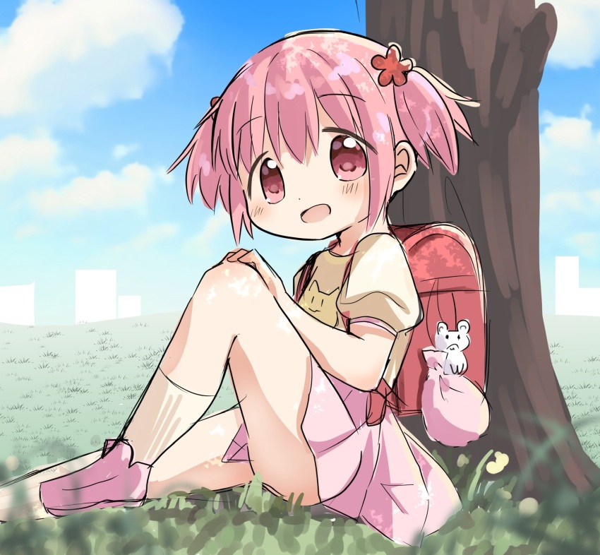 1girl, aged_down, backpack, bag, blush, child, cloud, female_focus, flower, full_body, hair_flower, hair_ornament, highres, jojifuku, kaname_madoka, loli, looking_at_viewer, mahou_shoujo_madoka_magica, open_mouth, pink_hair, pink_shoes, pink_skirt, randoseru, red_eyes, shirt, shoes, short_hair, short_sleeves, sitting, skirt, sky, smile, socks, solo, tareme, thighs, tree, twintails, white_socks, yellow_shirt, yuukarirakkumasuki
