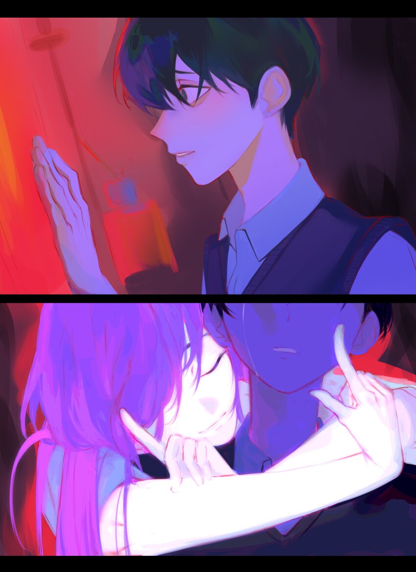 1boy, 1girl, absurdres, aubrey_(headspace)_(omori), aubrey_(omori), black_eyes, black_hair, closed_mouth