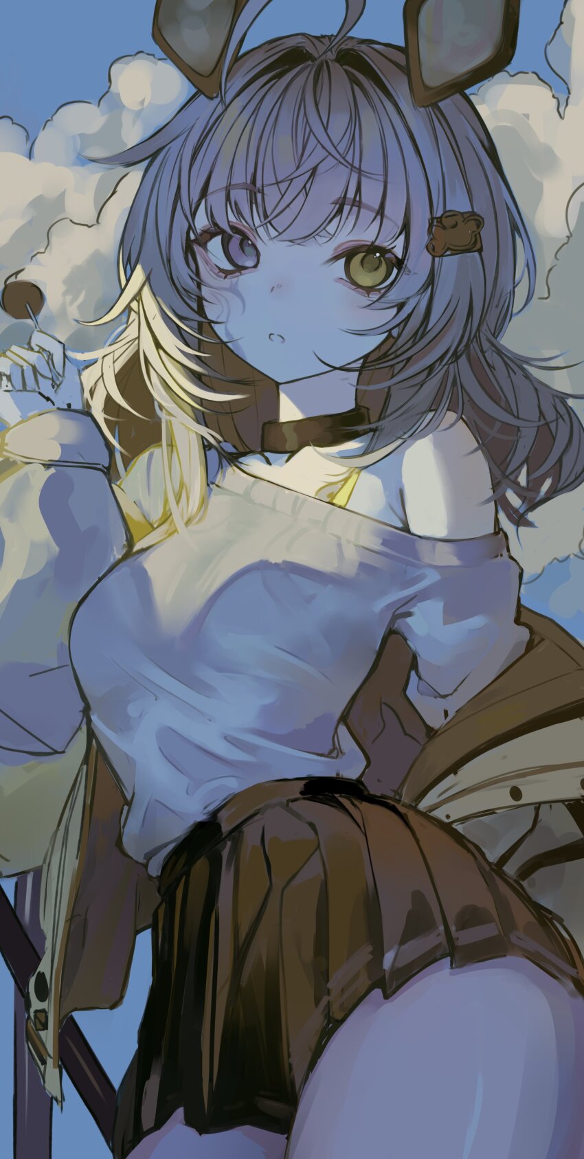 1girl, absurdres, ahoge, breasts, candy, cloud, collarbone, food