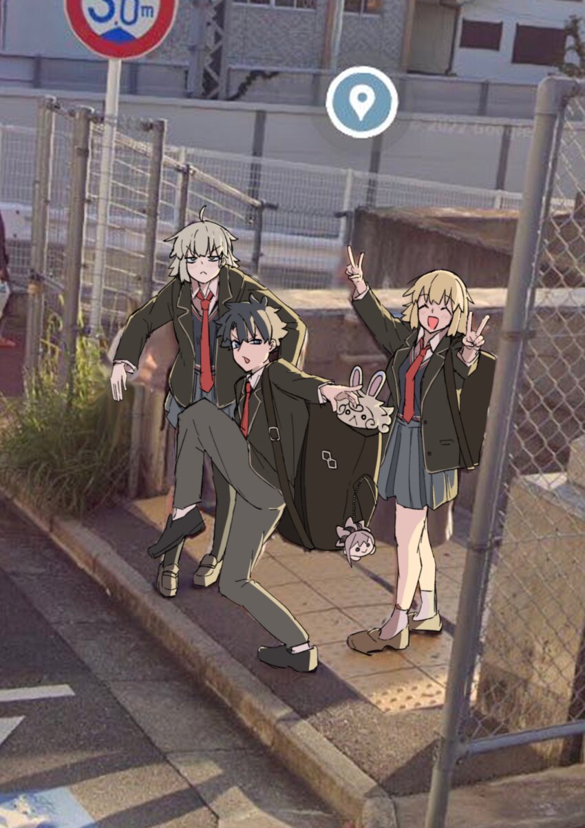 1boy, 2girls, absurdres, ahoge, alternate_costume, black_cardigan, black_footwear, black_hair