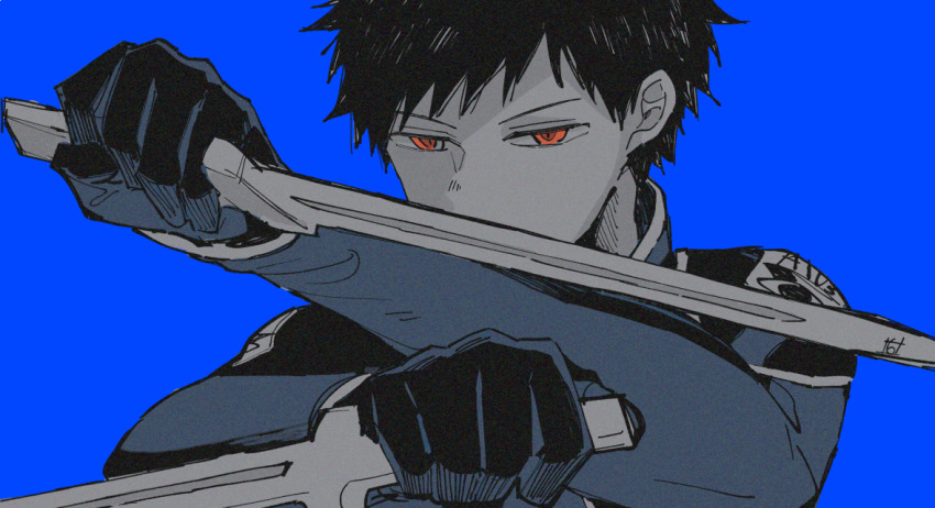 1boy, blue_theme, covered_mouth, dual_wielding, fighting_stance, gloves, hands_up, holding