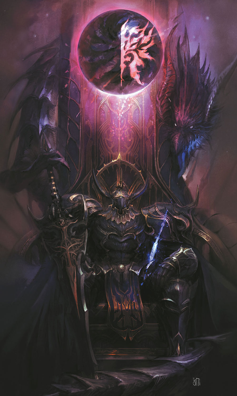 1boy, armor, azdaja_(ff14), breastplate, covered_face, dragon, facing_viewer, fake_horns