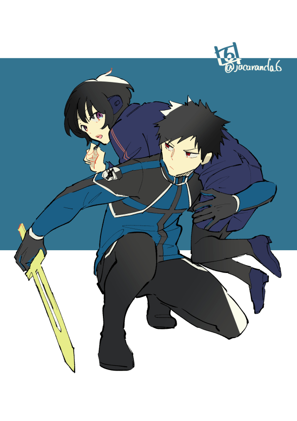 1boy, 1girl, black_footwear, black_gloves, black_pants, black_pantyhose, blue_background, blue_jacket, bob_cut, border_operator_uniform_(world_trigger), carrying_over_shoulder, closed_mouth, full_body, gloves, hand_up, headphones, headset, holding, holding_sword, holding_weapon, jacket, kaburock2002, kazama_souya, kazama_squad's_uniform, long_sleeves, looking_at_viewer, looking_back, looking_to_the_side, mikami_kaho, on_one_knee, open_mouth, pants, pantyhose, purple_footwear, purple_skirt, red_eyes, short_hair, short_sword, skirt, sword, twitter_username, weapon, white_background, world_trigger