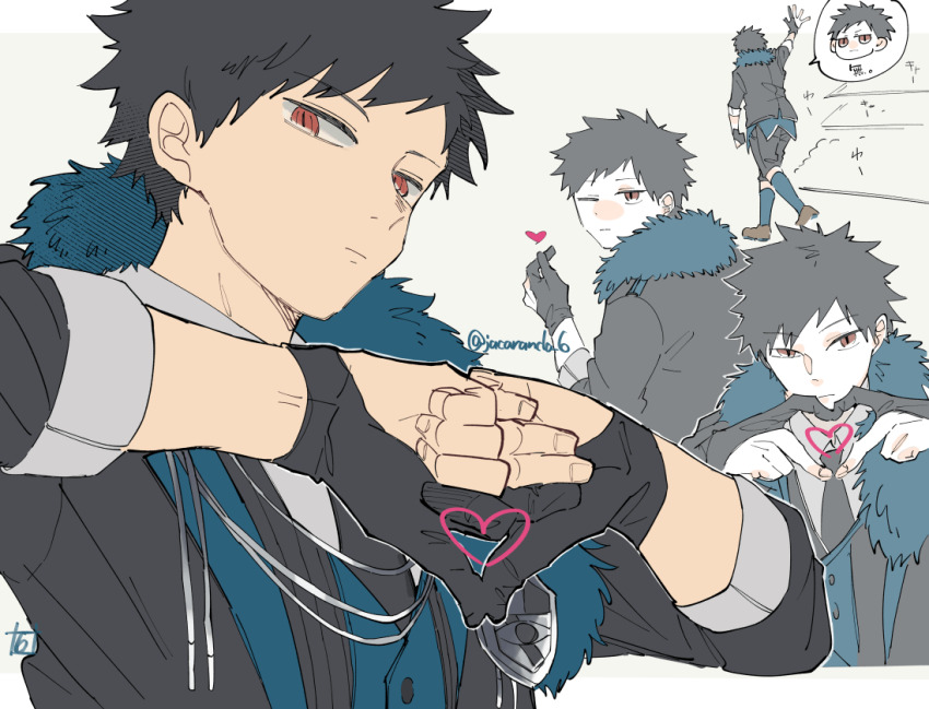 1boy, alternate_costume, arm_up, black_gloves, black_hair, black_jacket, black_necktie, black_shorts