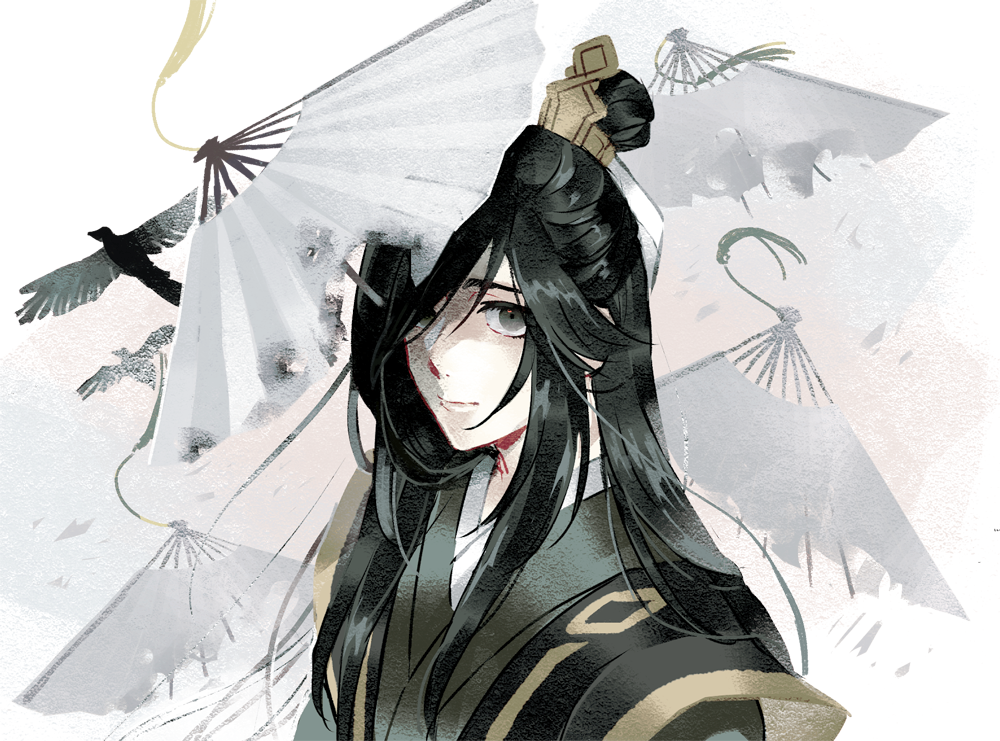 1boy, bird, black_hair, black_hanfu, burnt, chinese_clothes, chinese_commentary, closed_mouth