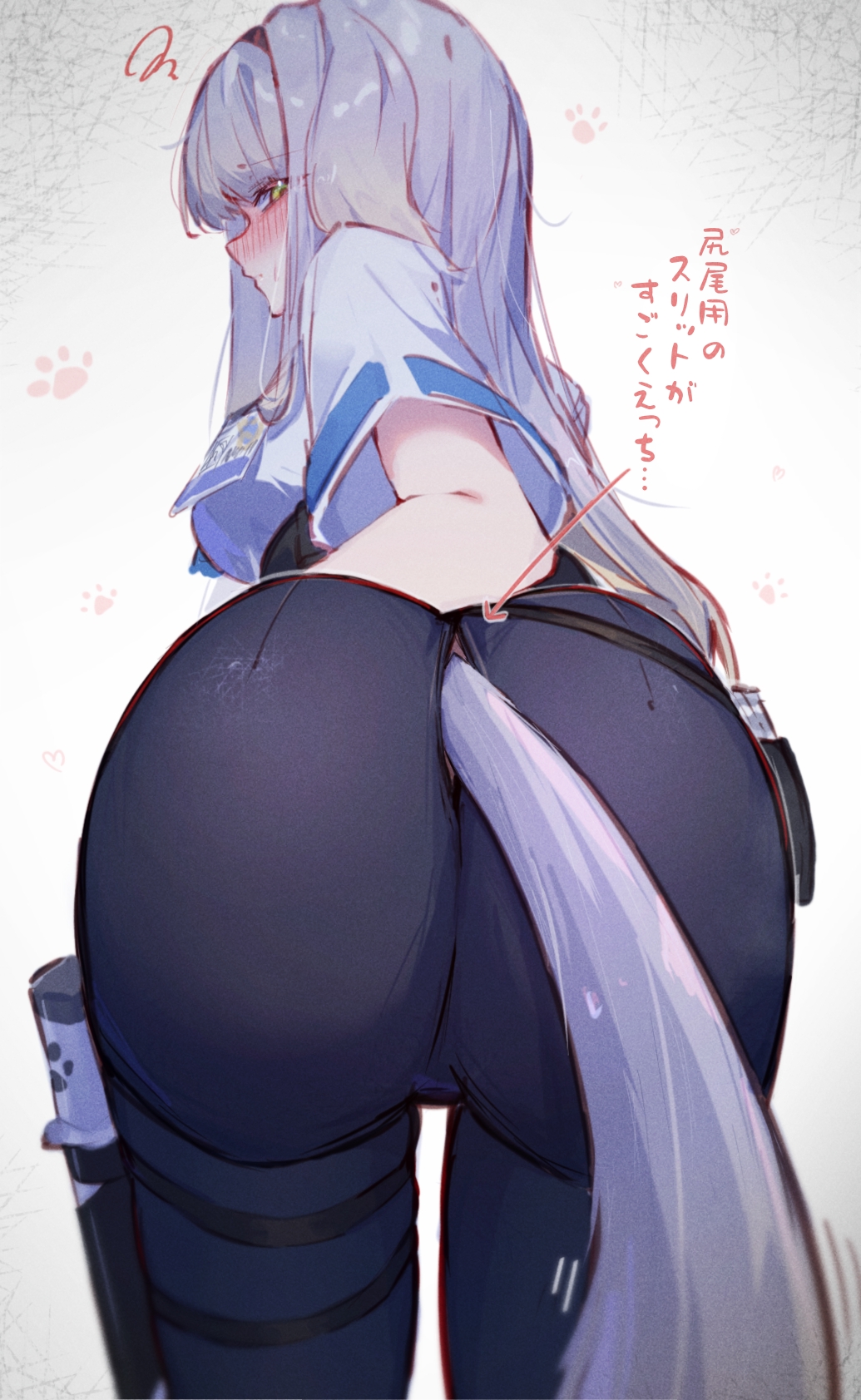 1girl, ass, ass_focus, black_pants, blush, breasts, closed_mouth, clothing_cutout