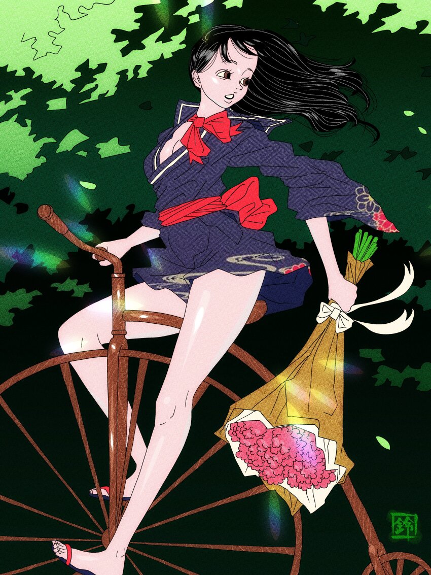 1girl, absurdres, bicycle, black_hair, bouquet, bow, breasts, brown_eyes, cleavage, fine_art_parody, flower, forehead, forest, full_body, highres, holding, holding_bouquet, inkan, japanese_clothes, kimono, long_hair, long_sleeves, looking_back, medium_breasts, nature, nihonga, original, parody, parted_lips, penny-farthing, red_bow, riding, riding_bicycle, sandals, seigo_suzuki, short_kimono, thighs
