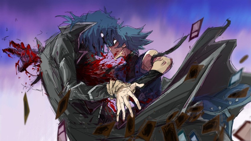 2639939368, 2boys, blue_hair, blue_uniform, card, coat, fighting, guro, highres, holding_another's_arm, impaled, johan_andersen, marufuji_ryo, multiple_boys, trench_coat, yu-gi-oh!, yu-gi-oh!_gx