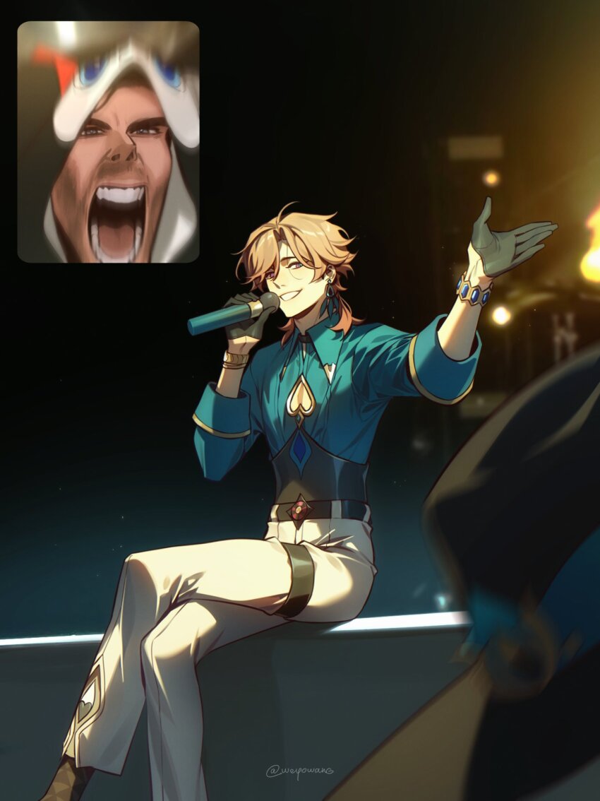 2boys, artist_name, aventurine_(honkai:_star_rail), belt, black_belt, black_choker, black_corset, black_gloves, black_hat, blonde_hair, blue_eyes, blue_gem, blue_shirt, bracelet, camden, choker, clothing_cutout, collared_shirt, commentary, corset, crossed_legs, earrings, english_commentary, facial_hair, fan_screaming_at_madison_beer_(meme), gem, gloves, gold_bracelet, gold_trim, grey_eyes, hair_between_eyes, hands_up, hat, heart_cutout, highres, holding, holding_microphone, honkai:_star_rail, honkai_(series), hood, jewelry, long_sleeves, looking_at_another, looking_at_viewer, male_focus, meme, microphone, multicolored_eyes, multiple_boys, music, open_mouth, pants, pink_eyes, screaming, shirt, short_hair, singing, single_earring, sitting, smile, stage, stage_lights, teeth, unworn_hat, unworn_headwear, v-shaped_eyebrows, voice_actor_connection, watch, weyowang, white_pants, wristwatch