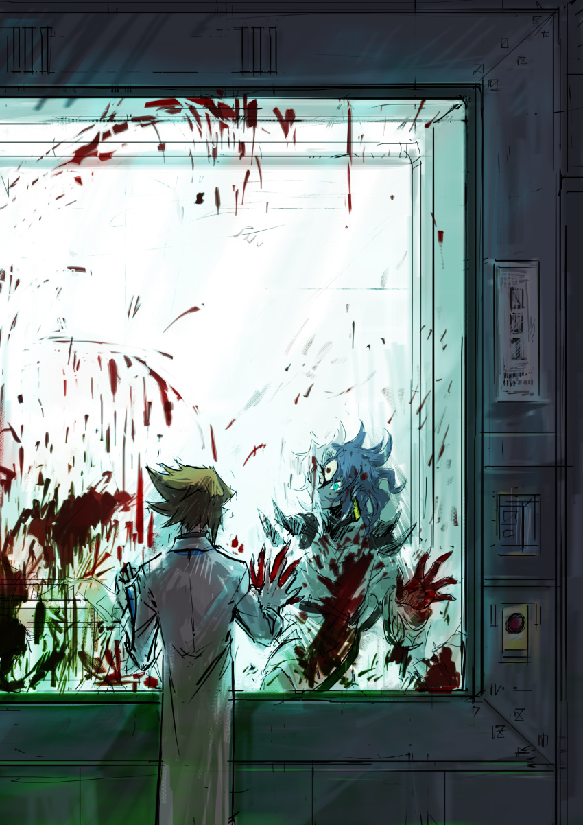 1boy, 1other, 2639939368, absurdres, blood, blood_on_glass, blood_on_window, demon