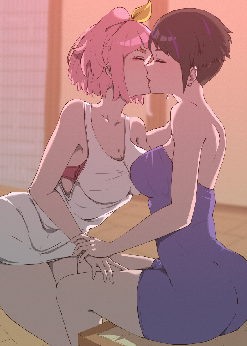 2girls, absurdres, age_difference, black_hair, closed_eyes, couple, highres, kiss