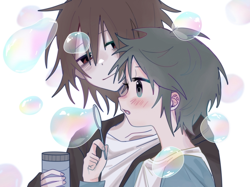 2boys, amber-breathe, black_jacket, blowing_bubbles, blue_sleeves, brothers, brown_hair, bubble
