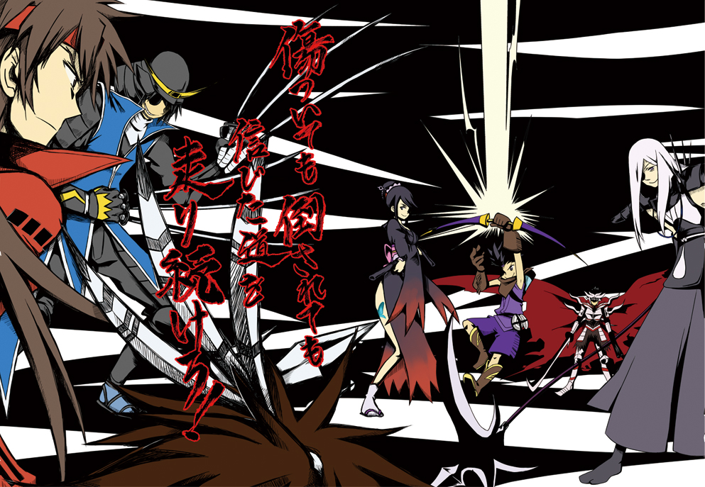 1girl, 6+boys, boots, bow, breasts, cape, date_masamune_(sengoku_basara), eyepatch