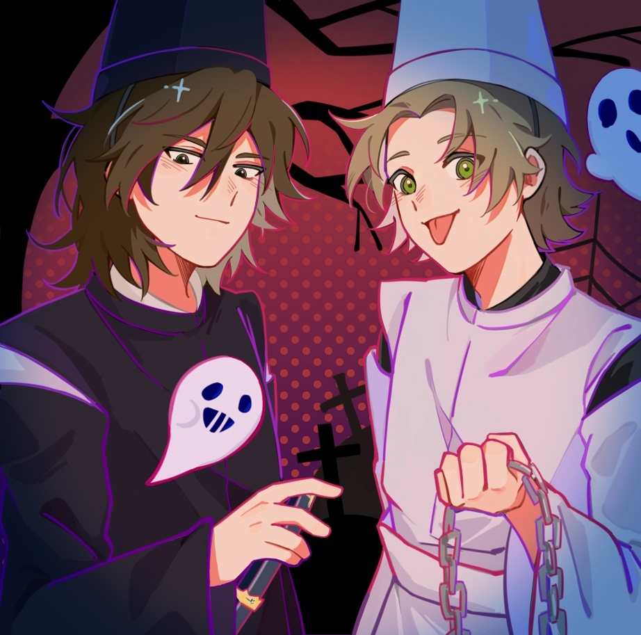 2boys, alternate_costume, black_hat, black_sleeves, brown_hair, chain, chinese_commentary, closed_mouth, commentary_request, detached_sleeves, eyes_visible_through_hair, green_eyes, hair_between_eyes, halloween_costume, hat, holding, holding_chain, isoi_reiji, japanese_clothes, kariginu, light_brown_hair, male_focus, medium_hair, multiple_boys, parted_bangs, saibou_shinkyoku, shinano_eiji, signforowl, smile, tate_eboshi, tongue, tongue_out, upper_body, white_hat, white_sleeves, wide_sleeves