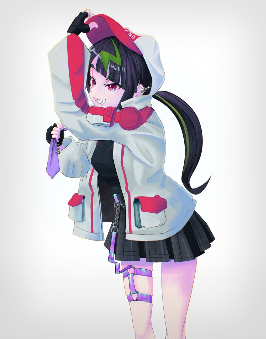 1girl, coqui_saporana, highres, long_hair, multicolored_hair, necktie, ponytail, rummy_&amp;_coqui, simple_background, skirt, streaked_hair, tagme, teeth, twirlincurtis, virtual_youtuber, white_background