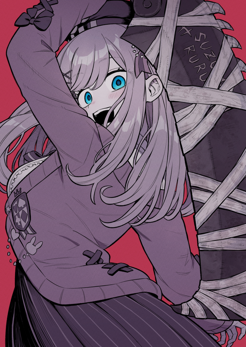 1girl, arm_up, asymmetrical_bangs, beret, bloodborne, blue_eyes, blush, bow