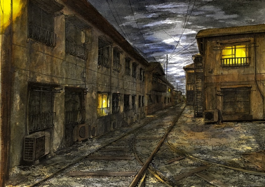 absurdres, air_conditioner, barred_window, blue_sky, building, cloud, cloudy_sky, day, highres, ibsukionsen, light, night, no_humans, original, painting_(medium), power_lines, railroad_tracks, road, scenery, sky, stairs, street, terrace, track_ballast, traditional_media, utility_pole, window