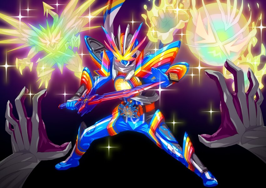 1boy, armor, aura, compound_eyes, dragon, rider_belt, gotcha_driver, gotchardcalibur