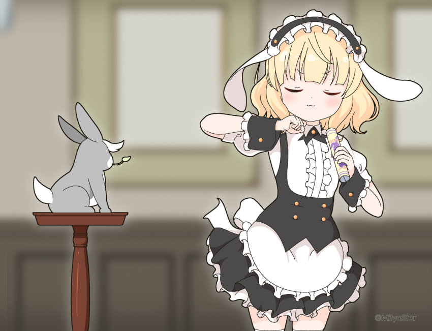 1girl, :3, animal, animal_ears, apron, black_hairband, black_skirt, blonde_hair