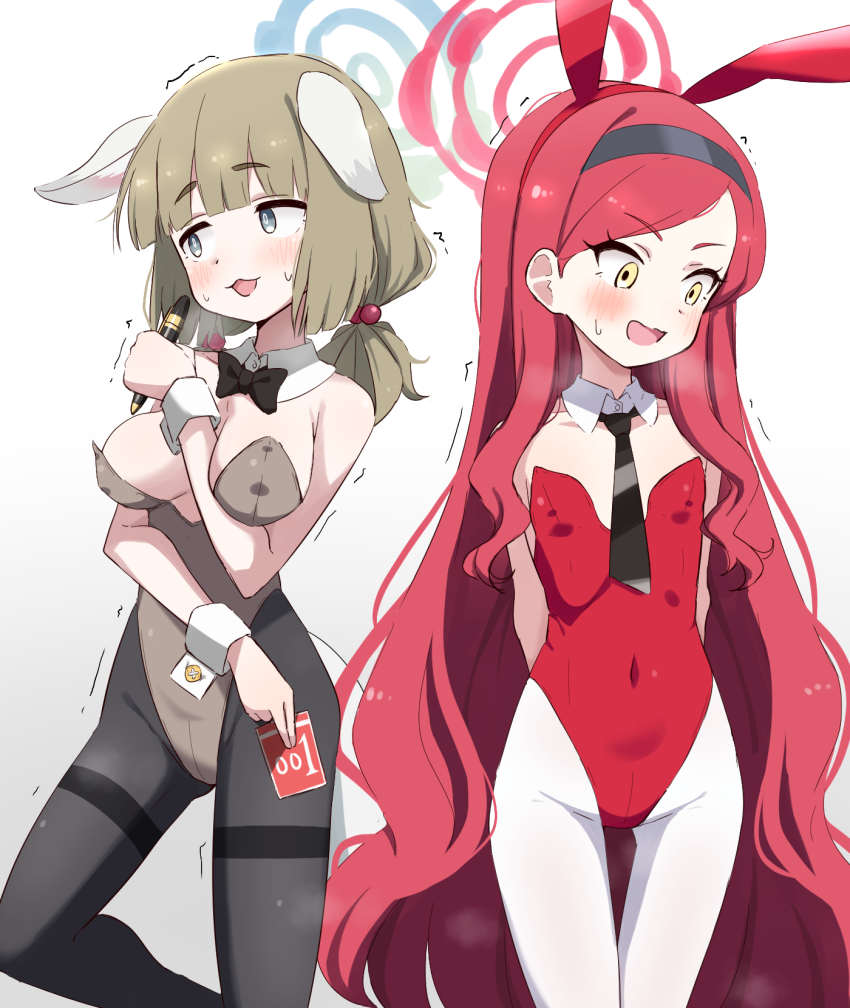 2girls, :3, absurdly_long_hair, alternate_costume, animal_ear_fluff, animal_ear_hairband, animal_ears, arm_between_breasts, arms_behind_back, averting_eyes, bare_shoulders, black_bow, black_bowtie, black_hairband, black_necktie, black_pantyhose, blue_archive, blue_halo, blush, bow, bowtie, breasts, condom, condom_box, covered_erect_nipples, covered_navel, detached_collar, dog_ears, dog_girl, dog_tail, donutman, dot_nose, embarrassed, fake_animal_ears, flat_chest, floppy_ears, green_eyes, hair_bobbles, hair_ornament, hairband, halo, hand_up, highleg, highleg_leotard, highres, holding, holding_condom, holding_pen, large_breasts, leotard, loli, long_hair, long_sidelocks, multiple_girls, necktie, nervous_sweating, okamoto_condoms, open_mouth, oppai_loli, pantyhose, pen, playboy_bunny, rabbit_ears, red_hair, red_hairband, red_halo, red_leotard, sidelocks, simple_background, standing, straight_hair, strapless, strapless_leotard, sweat, sweatdrop, tail, takane_(blue_archive), thighband_pantyhose, thighs, twintails, very_long_hair, white_background, white_pantyhose, wrist_cuffs, yakumo_(blue_archive), yellow_eyes