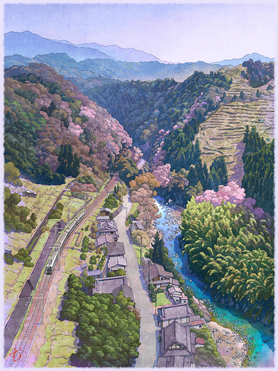 border, cherry_blossoms, highres, kudoyama_(town), mountainous_horizon, mugumo_24k, multiple_unit_train, nankai_electric_railway, no_humans, original, railroad_tracks, road, scenery, spring_(season), stream, town, train, valley