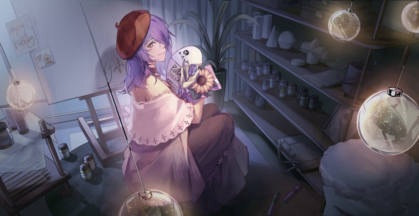 1girl, absurdres, bag, bandage_over_one_eye, beret, bouquet, breasts, brown_skirt