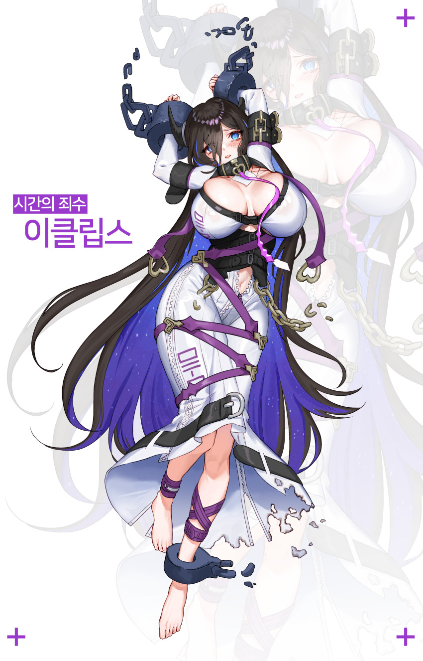 1girl, absurdres, barefoot, belt, black_hair, black_vest, blush, breasts