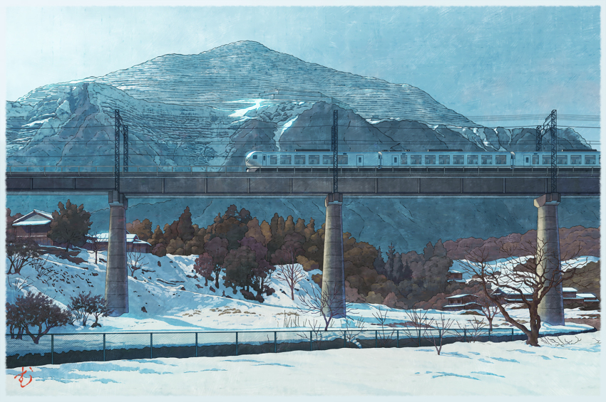 border, chain-link_fence, fence, mount_bukou, mountain, mountainous_horizon, mugumo_24k, multiple_unit_train, no_humans, original, saitama_prefecture, scenery, seibu_railway, snow, train, winter