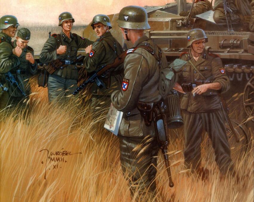 2others, 6+boys, ammunition_pouch, artist_name, belt, belt_pouch, black_belt, breast_pocket, caterpillar_tracks, chinstrap, cigarette, closed_mouth, collar_tabs, combat_helmet, cross, dated, entrenching_tool, evening, explosive, feet_out_of_frame, flag_print, garrison_cap, gas_mask_canister, grass, green_hat, green_helmet, green_jacket, green_pants, grenade, gun, hat, helmet, holding, holding_cigarette, holster, jacket, jaroslaw_wrobel, lapels, load_bearing_equipment, long_sleeves, looking_at_another, looking_to_the_side, male_focus, map, map_(object), military, military_hat, military_jacket, military_uniform, military_vehicle, motor_vehicle, multiple_boys, multiple_others, nature, on_vehicle, original, outdoors, pants, paper, patch, pocket, pouch, ppsh-41, reichsadler, russian_flag, russian_liberation_army, saltire, shoulder_patch, sitting, three-quarter_sleeves, smoke, smoking, soldier, stahlhelm, standing, stielhandgranate, submachine_gun, tall_grass, traditional_media, weapon, weapon_on_back, world_war_ii