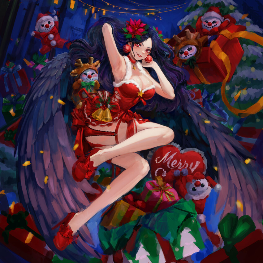 1girl, absurdres, adjusting_earrings, animal_costume, armpits, bell, black_hair, black_wings, box, breasts, brown_dust_(series), brown_dust_2, christmas_lights, christmas_tree, cleavage, collar, dress, earrings, flower, footwear_ribbon, full_body, garter_belt, gift, gift_box, hair_flower, hair_ornament, hand_in_own_hair, heart, heart-shaped_pillow, high_heels, highres, jewelry, large_breasts, large_ribbon, oversized_wings, lingerie, lipstick, long_hair, looking_at_viewer, lucrezia_(brown_dust), makeup, merry_christmas, night, open_mouth, pillow, red_collar, red_eyes, red_footwear, red_ribbon, reindeer_costume, ribbon, sitting, sleeveless, sleeveless_dress, smile, snowman, solo, stiletto_heels, stuffed_animal, stuffed_toy, teeth, underwear, user_dzpd4232, very_long_hair, wings