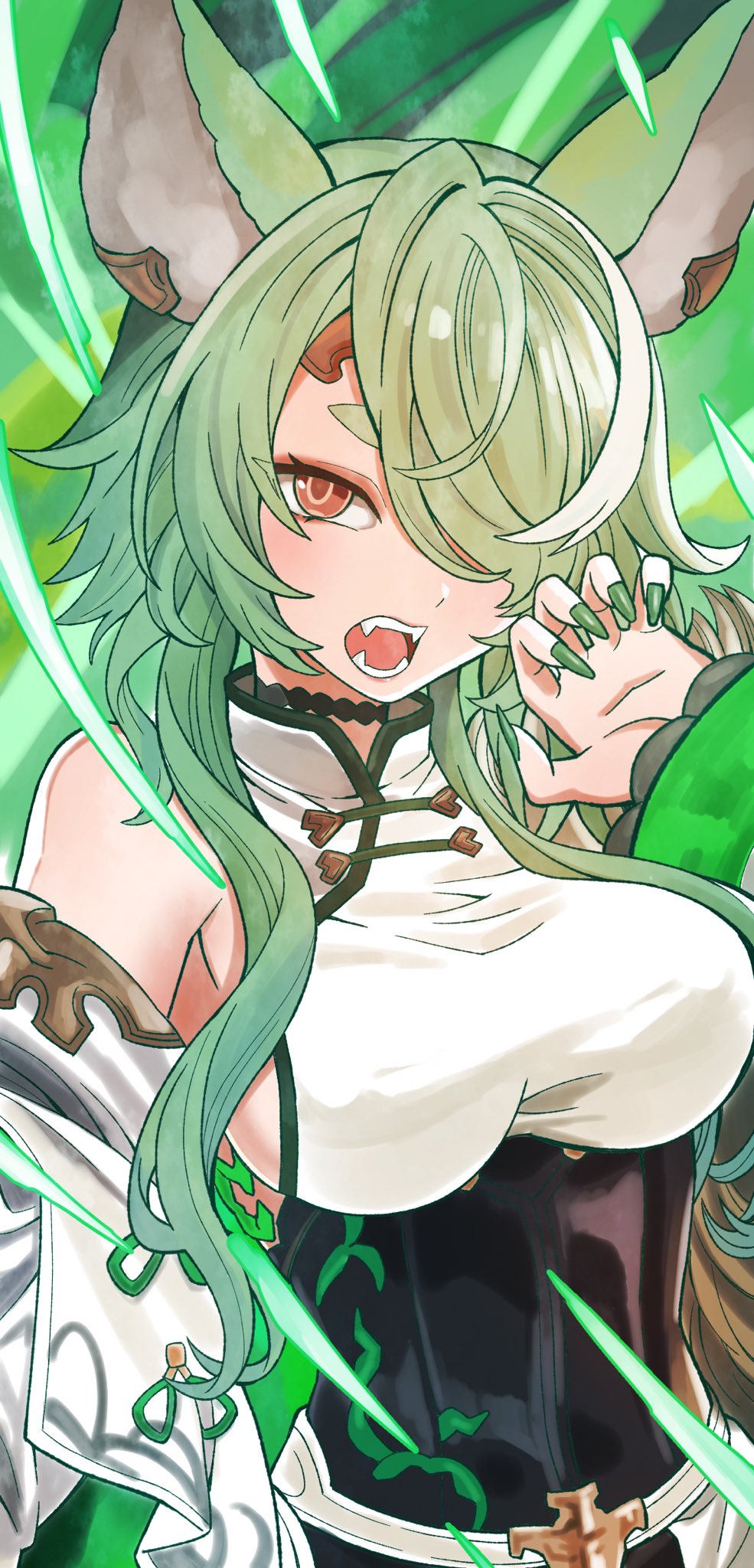 1girl, ami_(granblue_fantasy), animal_ears, belt, breasts, brown_eyes, erune, granblue_fantasy, green_hair, highres, jacket, nail_polish, one_eye_covered, open_clothes, open_jacket, ryuusei_(trickster), sharp_teeth, sideboob, solo, teeth