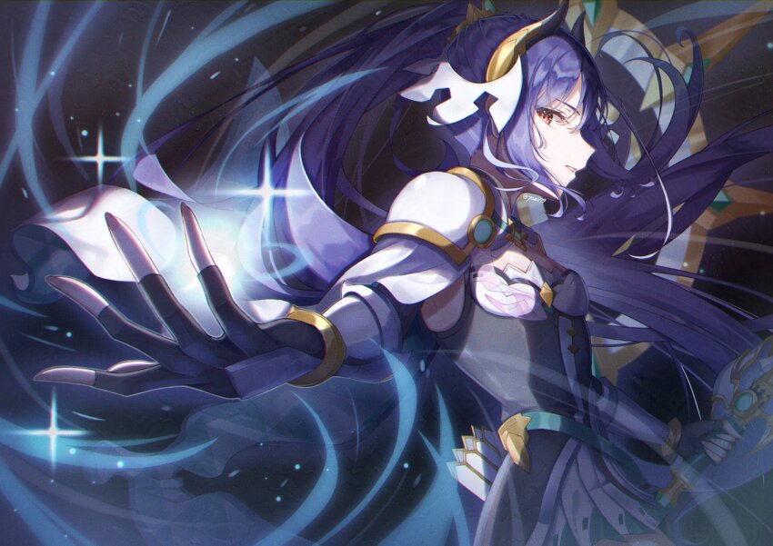 1girl, blue_hair, breasts, curled_horns, demon_girl, demon_horns, gauntlets, gloves