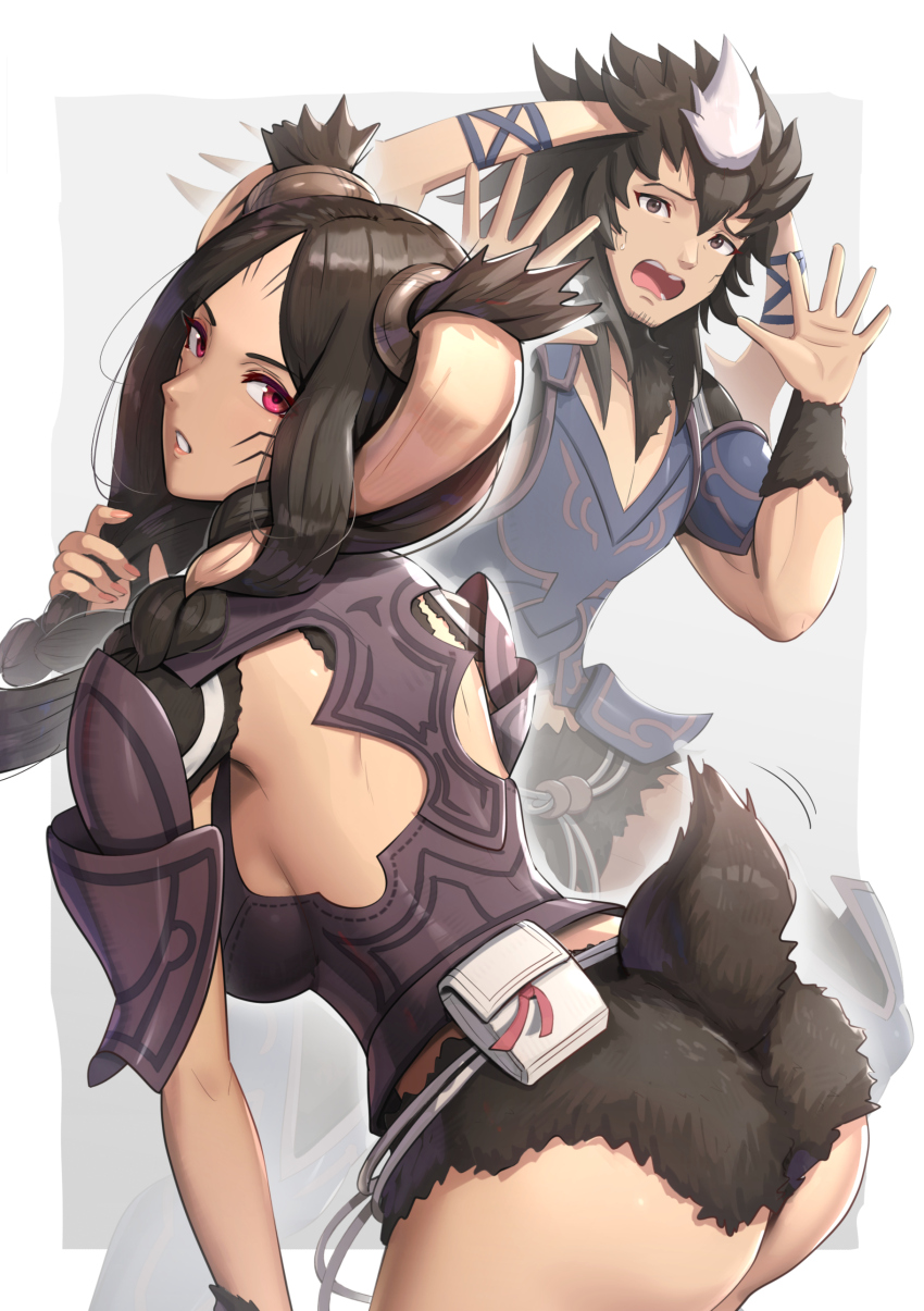 1boy, 1girl, absurdres, animal_ears, armor, braid, brown_fur, facial_mark