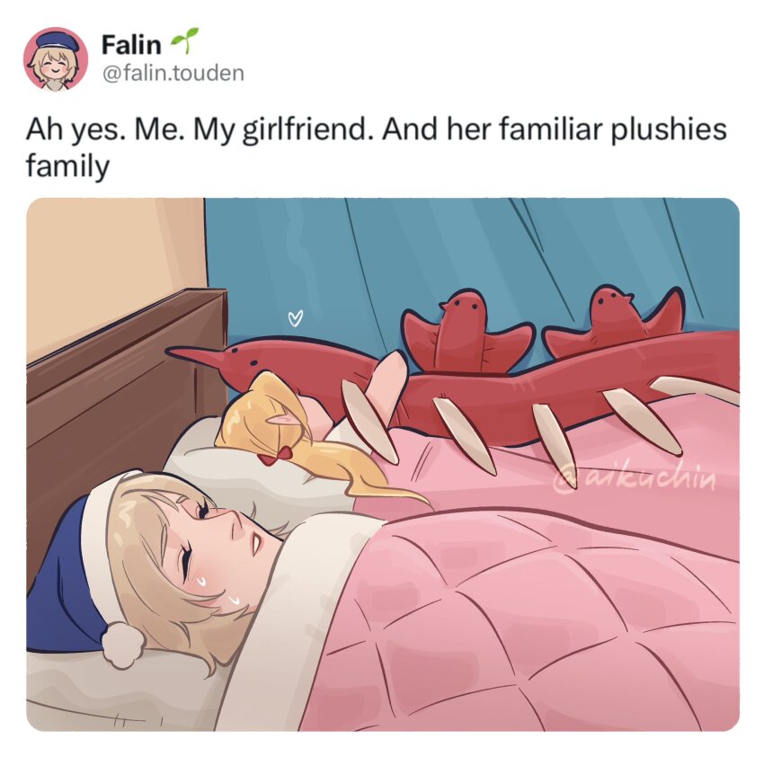 2girls, 500_dollar_four_foot_tall_mareep_(meme), aikuchin, bed, blonde_hair, closed_eyes, commentary, dungeon_meshi, elf, english_commentary, english_text, fake_screenshot, falin_touden, grey_hair, hat, highres, hugging_doll, hugging_object, implied_yuri, indoors, lying, marcille's_familiar, marcille_donato, meme, multiple_girls, nightcap, on_back, on_side, pillow, pointy_ears, sleeping, stuffed_toy, twitter, twitter_username, under_covers, watermark