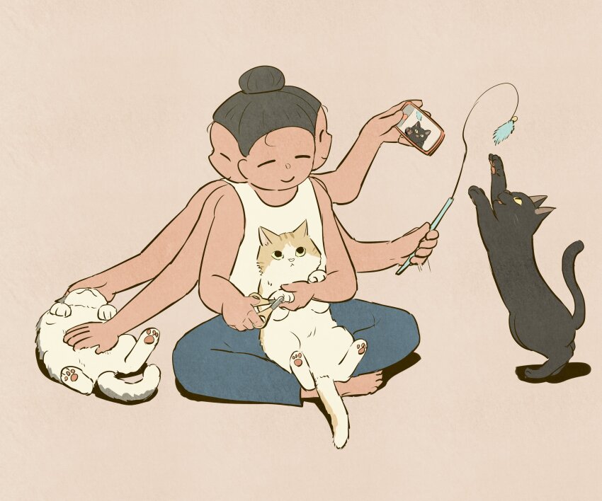 3girls, absurdres, asura_(mythology), avogado6, bare_arms, bare_shoulders, barefoot, black_cat