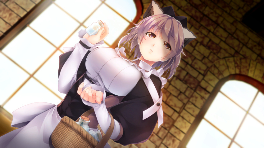 1girl, apron, atelier-moo, bottle, breasts, brown_eyes, closed_mouth, hair_between_eyes