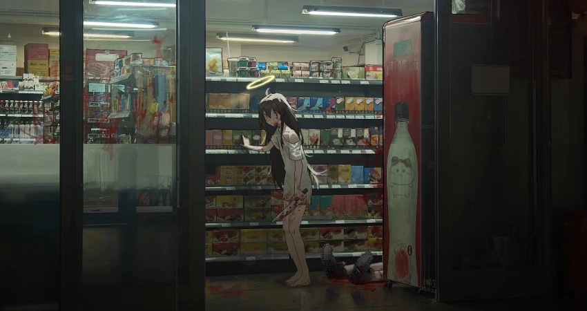 1girl, 1other, barefoot, black_footwear, blood, blood_on_clothes, blood_on_window, bloody_handprints