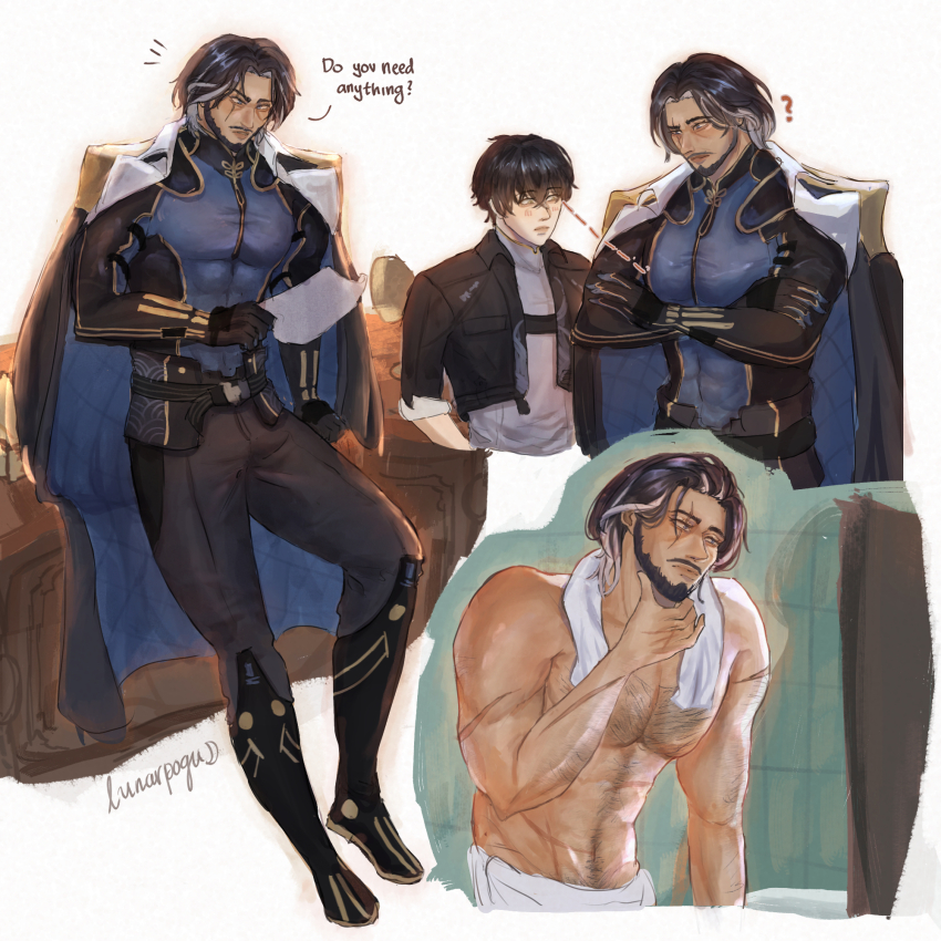 2boys, ?, bara, black_hair, collage, crossed_arms, english_text, full_body, hairy, highres, huge_pectorals, leaning_back, leaning_on_object, lips, looking_at_pectorals, lunarpogu, male_focus, male_rover_(wuthering_waves), mature_male, multicolored_hair, multiple_boys, muscular, muscular_male, navel, navel_hair, nipples, notice_lines, pants, paper, rover_(wuthering_waves), standing, streaked_hair, thick_eyebrows, tight_clothes, topless_male, towel, wuthering_waves, yhan_(wuthering_waves)