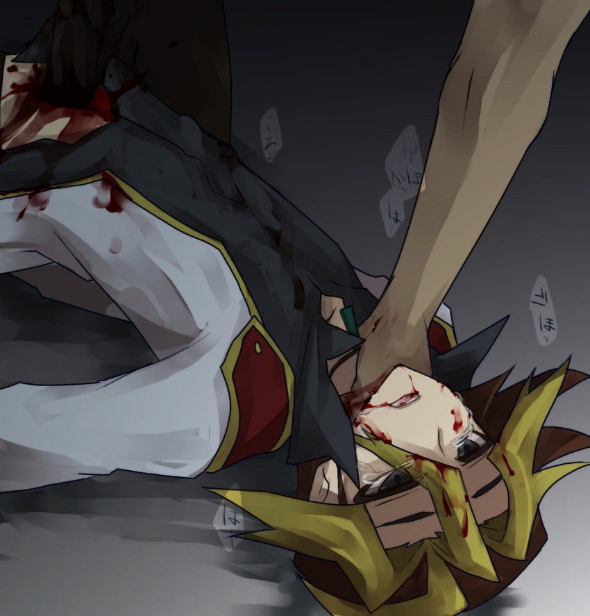 asphyxiation, beaten, black_shirt, blood, blood_on_clothes, blood_on_face, brown_hair, grey_eyes