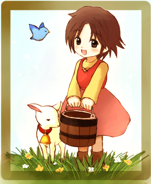 1970s_(style), 1girl, alps_no_shoujo_heidi, bad_id, bad_pixiv_id, bell, bird, blush, border, brown_footwear, brown_hair, bucket, child, dot_nose, eijima_moko, female_focus, flower, flying, full_body, goat, grass, happy, heidi_(alps_no_shoujo_heidi), nippon_animation, oldschool, pichi_(heidi), red_skirt, red_vest, retro_artstyle, sheep, shirt, short_hair, skirt, smile, solo, standing, vest, wooden_bucket, world_masterpiece_theater, yellow_shirt, yuki_(heidi)