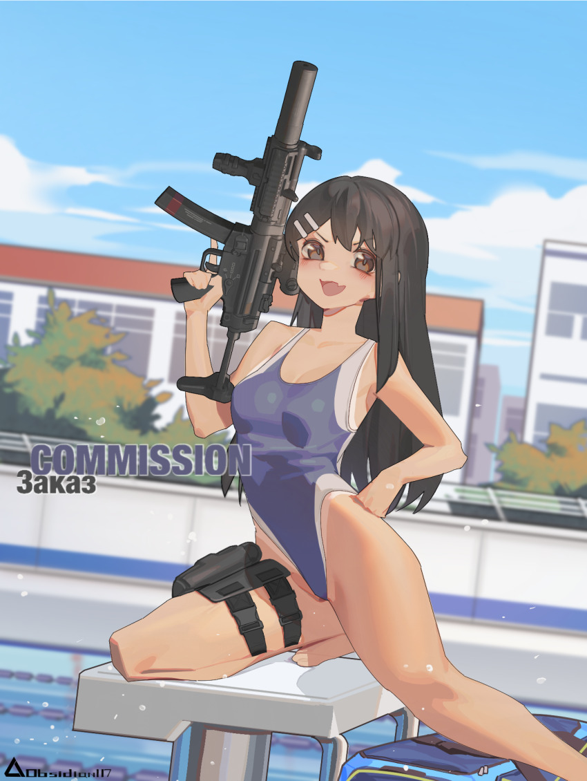 1girl, artist_name, black_hair, blue_one-piece_swimsuit, brown_eyes, chinese_commentary, commentary_request, commission, competition_swimsuit, english_text, fang, foot_out_of_frame, full_body, gun, h&amp;k_mp5, h&amp;k_mp5sd, hair_ornament, hairpin, hand_on_own_hip, highleg, highleg_one-piece_swimsuit, highres, holding, holding_gun, holding_weapon, holster, ijiranaide_nagatoro-san, looking_at_viewer, multiple_hairpins, nagatoro_hayase, obsidian117, one-piece_swimsuit, open_mouth, outdoors, pool, russian_text, skin_fang, smile, solo, submachine_gun, suppressor, swimsuit, tan, tanline, thigh_holster, translated, trigger_discipline, two-tone_swimsuit, weapon, white_one-piece_swimsuit