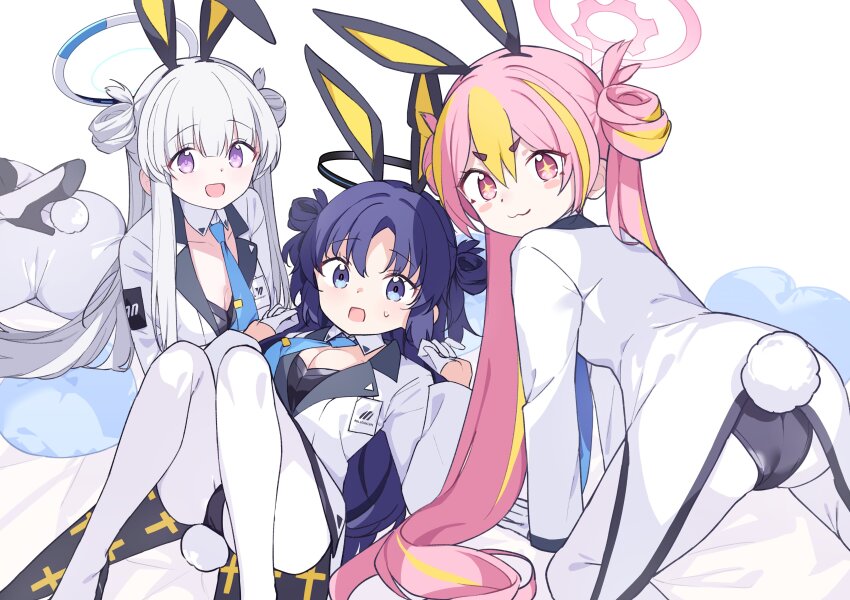 3girls, absurdres, animal_ears, black_leotard, blue_archive, blue_necktie, blush, blush_stickers