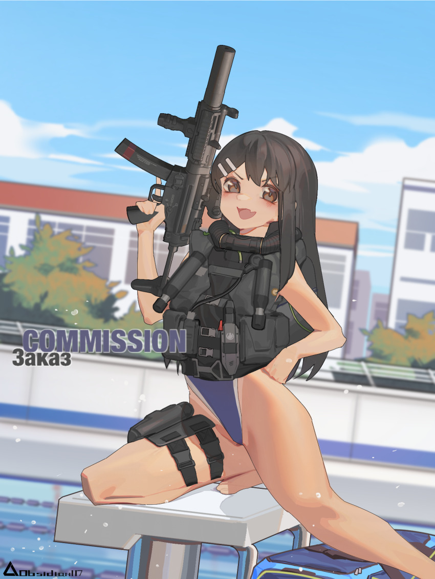 1girl, artist_name, black_hair, blue_one-piece_swimsuit, brown_eyes, chinese_commentary, commentary_request, commission, competition_swimsuit, english_text, fang, foot_out_of_frame, full_body, gun, h&amp;k_mp5, h&amp;k_mp5sd, hair_ornament, hairpin, hand_on_own_hip, highleg, highleg_one-piece_swimsuit, highres, holding, holding_gun, holding_weapon, holster, ijiranaide_nagatoro-san, knife, load_bearing_vest, looking_at_viewer, multiple_hairpins, nagatoro_hayase, obsidian117, one-piece_swimsuit, open_mouth, outdoors, pool, russian_text, sheath, sheathed, skin_fang, smile, solo, submachine_gun, suppressor, swimsuit, tactical_clothes, tan, tanline, thigh_holster, translated, trigger_discipline, two-tone_swimsuit, weapon, white_one-piece_swimsuit