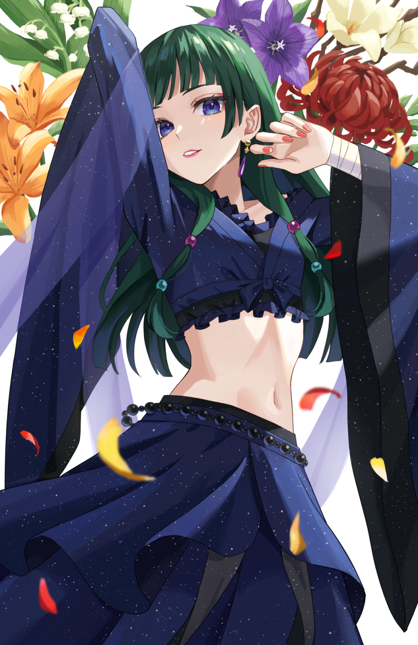 1girl, black_skirt, blue_eyes, blue_flower, blunt_bangs, chinese_clothes, crop_top, flower, frills, green_hair, highres, kusuriya_no_hitorigoto, long_hair, long_sleeves, looking_at_viewer, maomao_(kusuriya_no_hitorigoto), mikoha358212, navel, official_alternate_costume, petals, red_flower, red_nails, skirt, smile, solo, stomach, white_flower, wide_sleeves