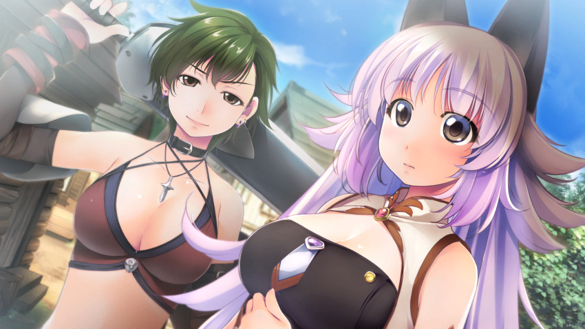 2girls, animal_ears, atelier-moo, bare_shoulders, bikini, breasts, brown_eyes, closed_mouth